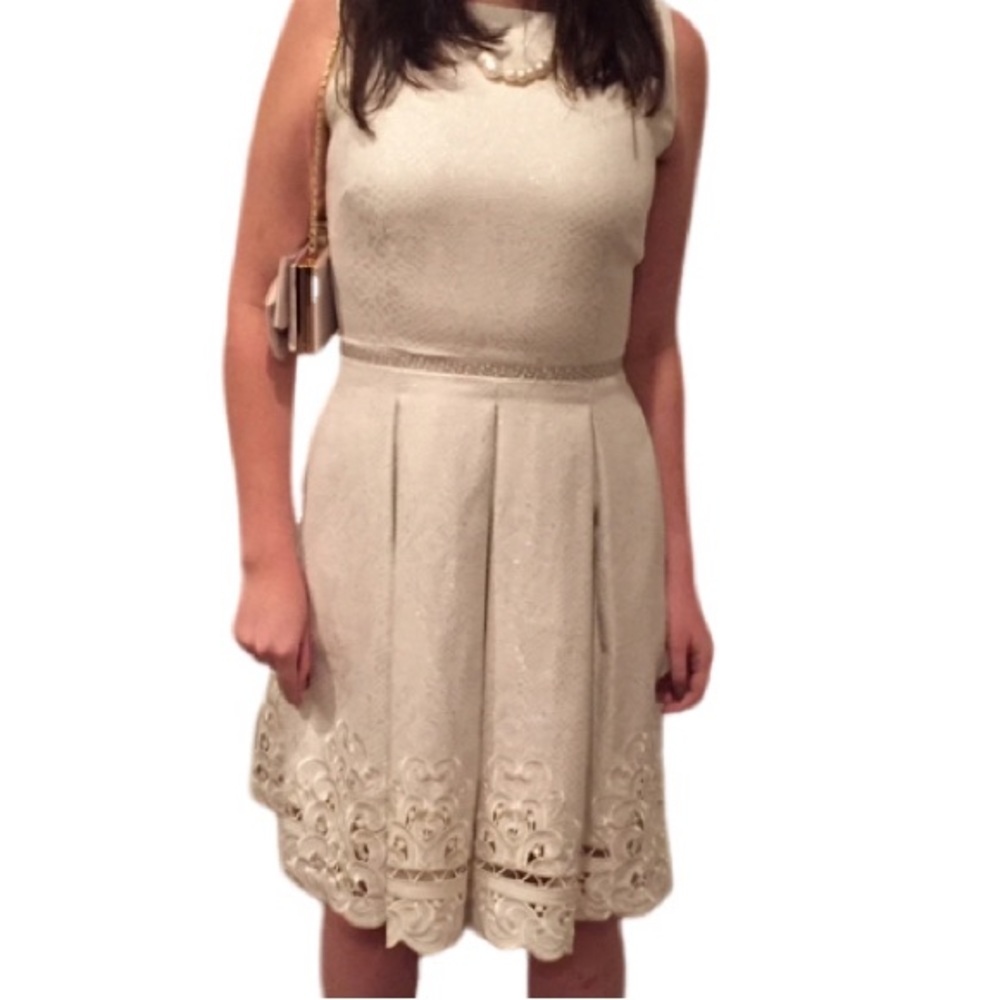 Katherine Kelly A-Line Fit & Flare Dress in Cream/Silver Animal Print Jacquard